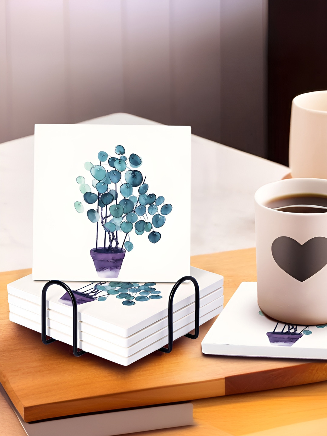 UMAI White 6 Pcs Printed Diatomite Coasters With Steel Holder