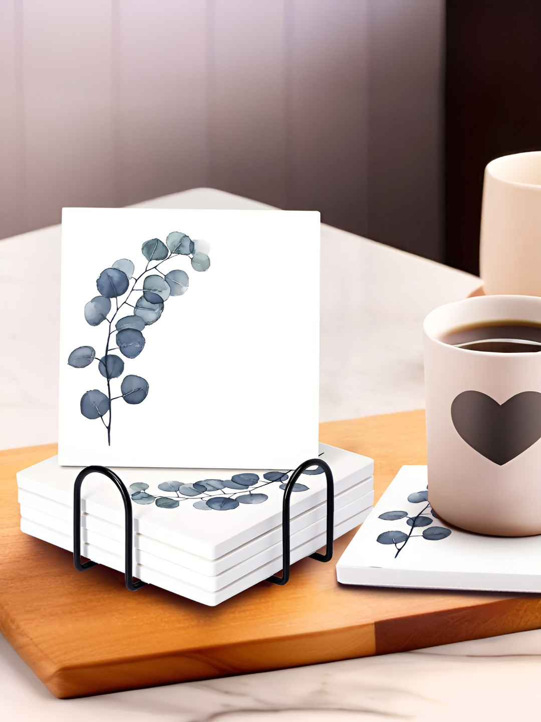 UMAI White & Grey 6 Pcs Printed Ceramic Coasters With Holder