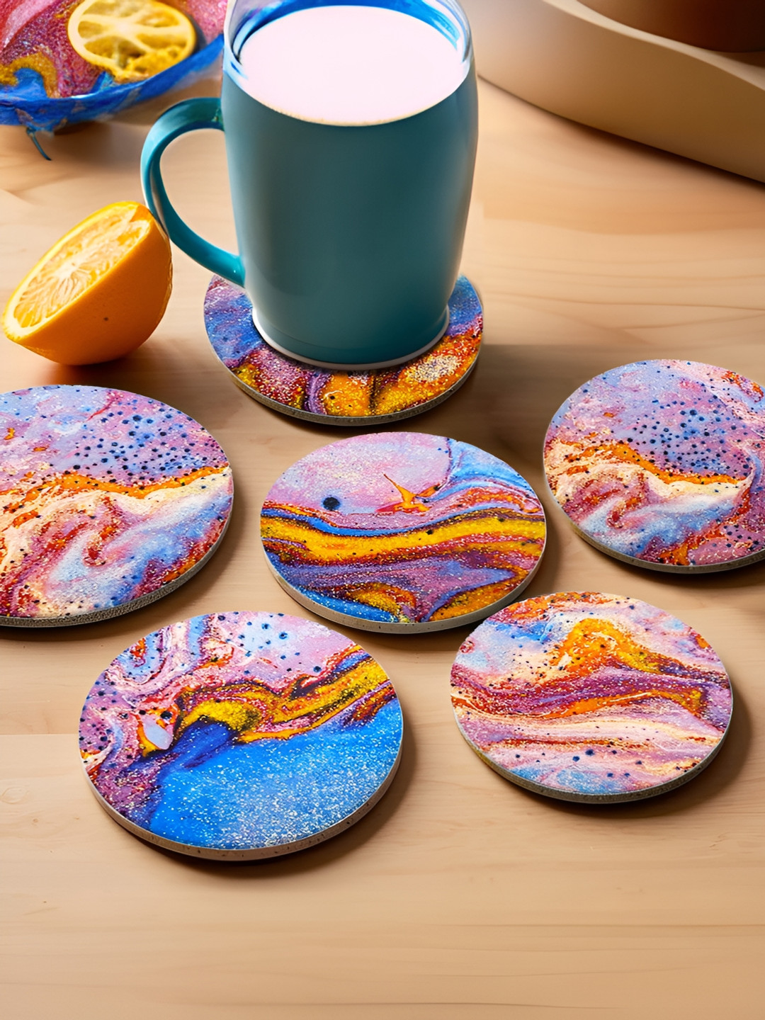 UMAI Blue & Orange 6 Pieces Abstract Printed Round Shaped Coasters With Steel Holder