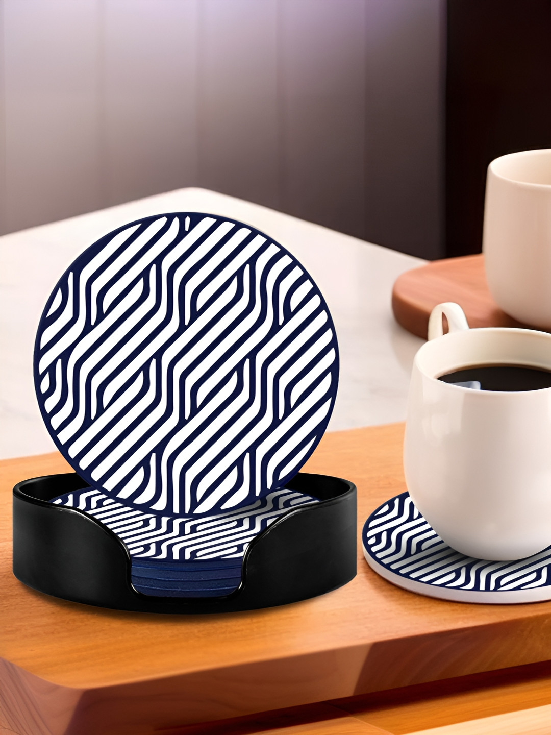 UMAI Black 6 Pcs Printed Circular Coasters