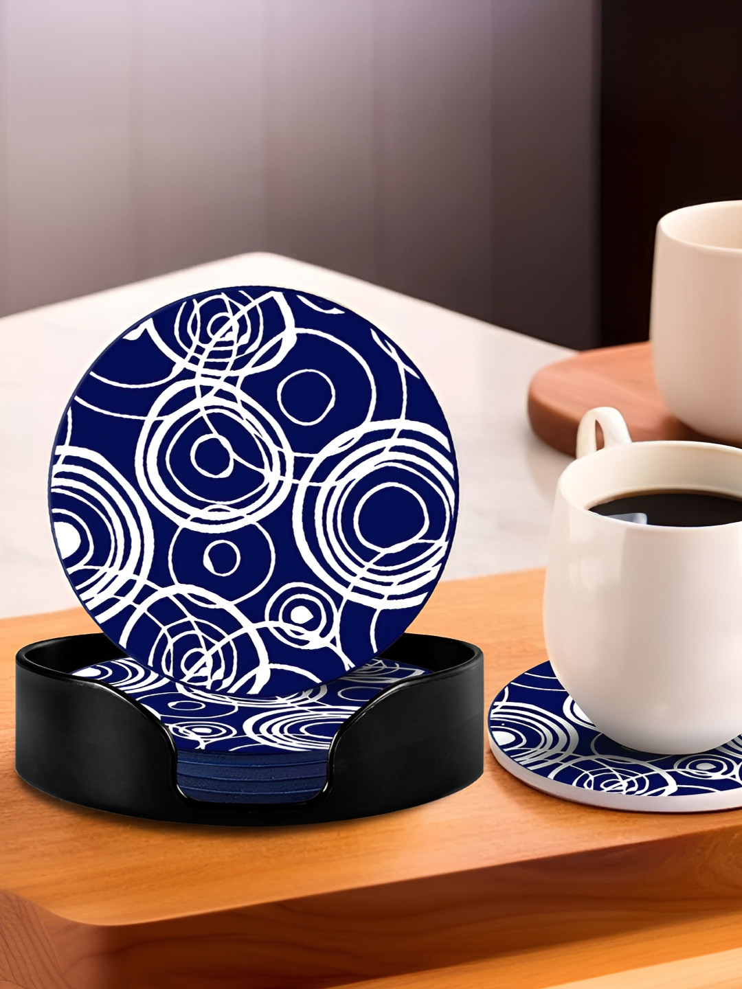 UMAI Blue & White 6 Pcs Printed Silicone Coasters with Holder