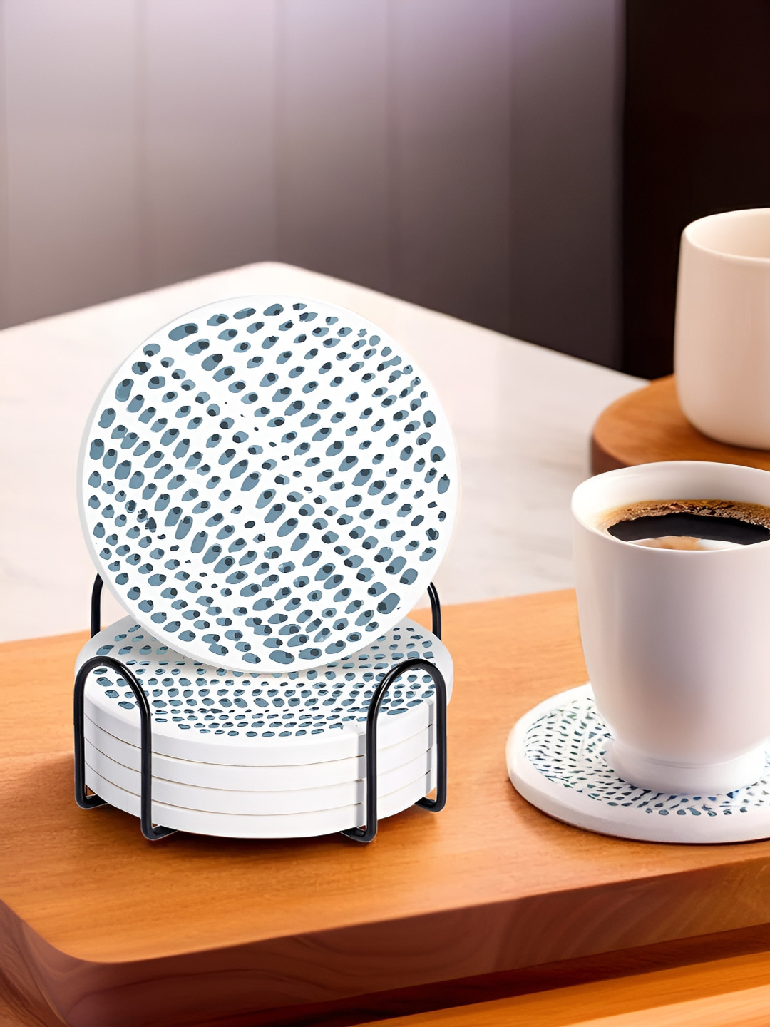 UMAI White & Blue 6-Pcs Printed Round Coasters With Steel Holder