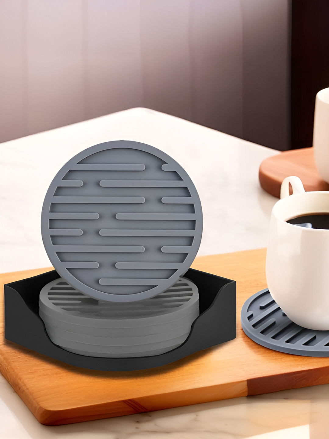 UMAI Grey 6 Pcs Silicon Coasters With Holder
