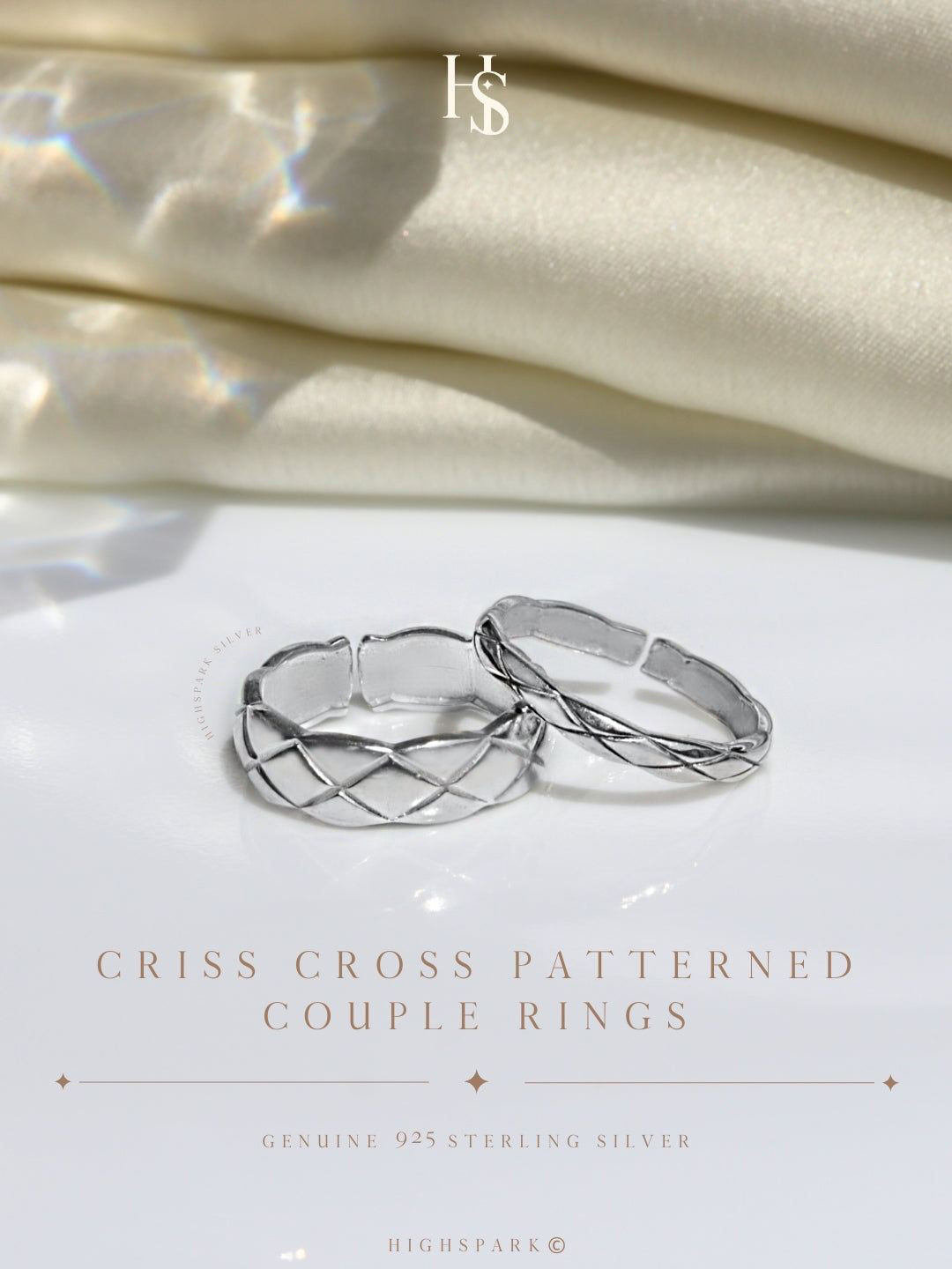 HighSpark Unisex Set Of 2 92.5 Sterling Criss Cross Patterned Couple Adjustable Rings