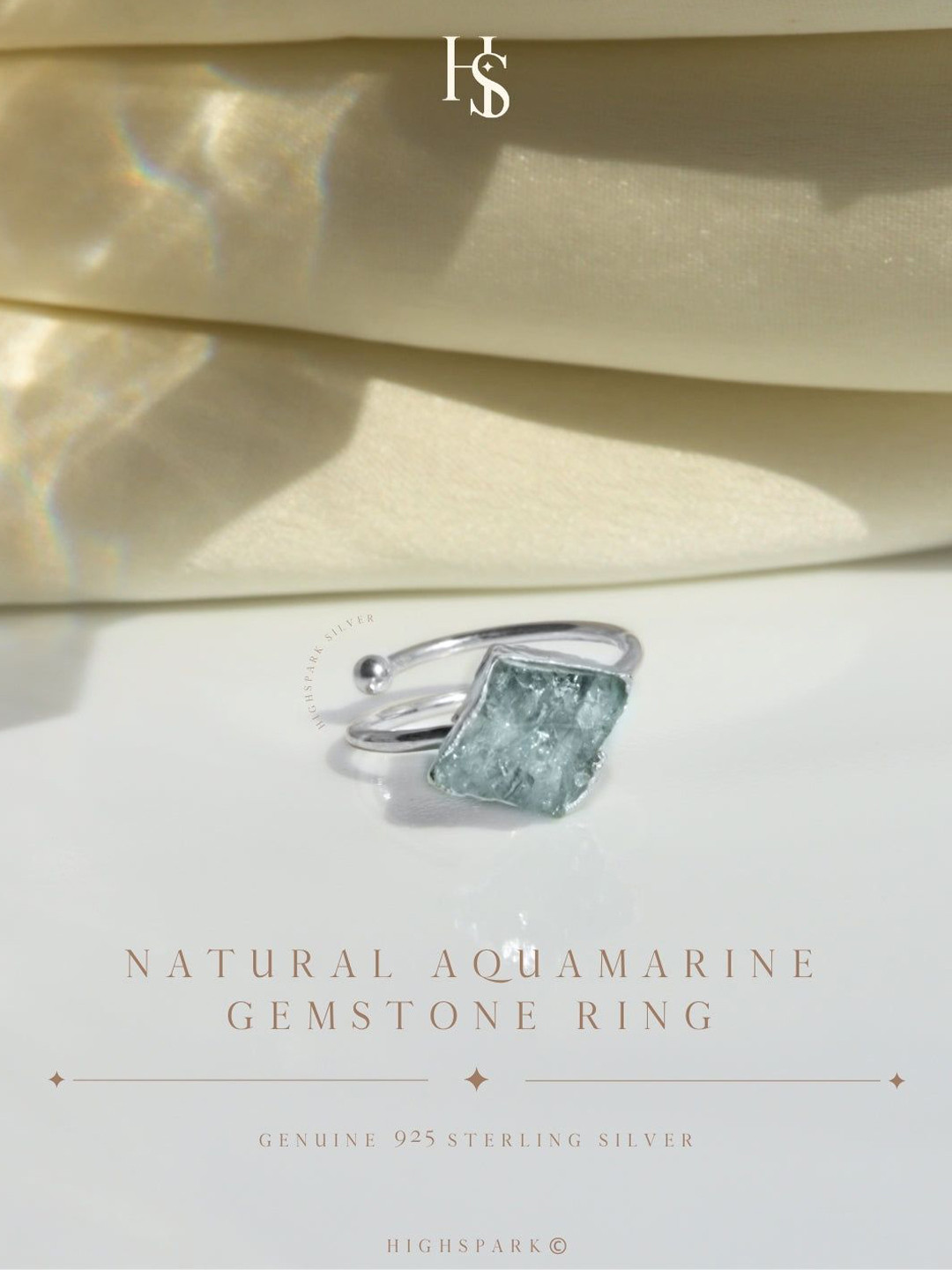 HighSpark 92.5 Sterling Silver - Natural Aquamarine Rough Gemstone Adjustable Ring