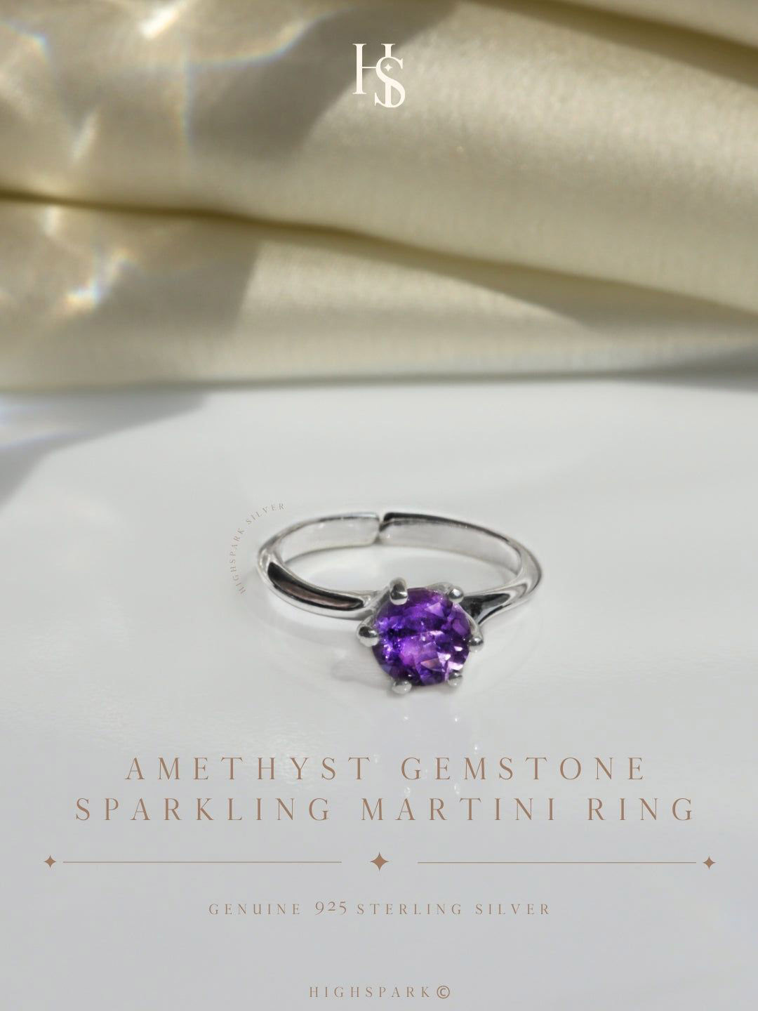 HighSpark 92.5 Sterling Silver Amethyst Real Gemstone Martini Adjustable Ring