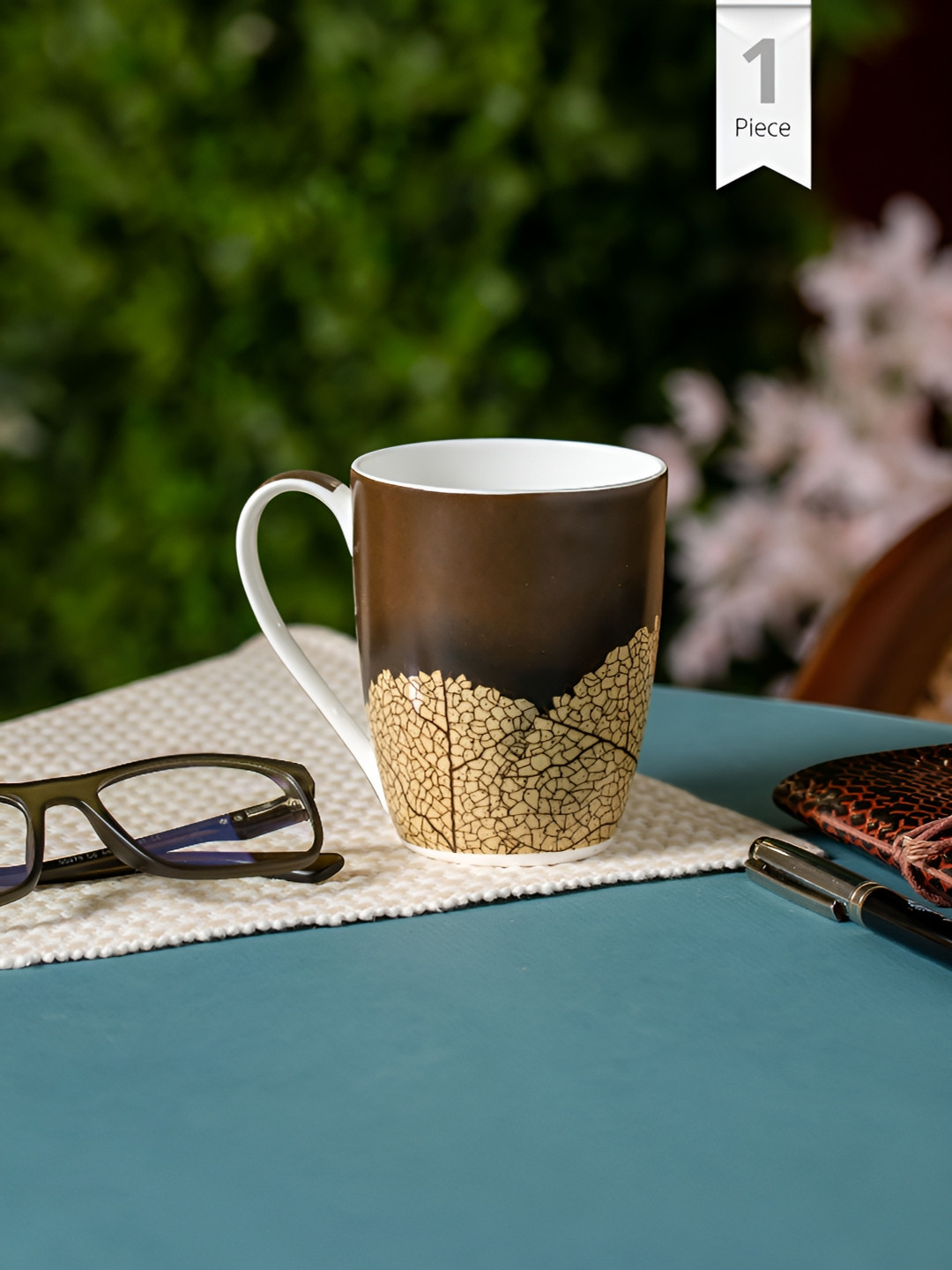 CLAY CRAFT Double Wall Brown Abstract Ceramic Microwave Safe Mug-340ml