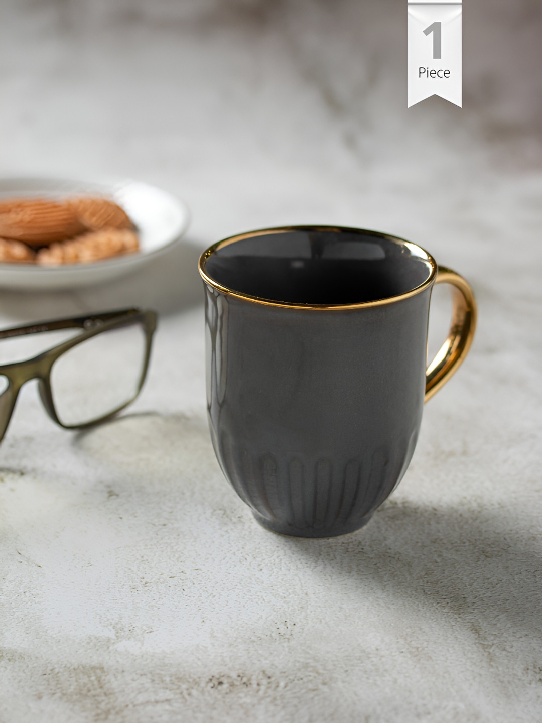 CLAY CRAFT Grey & Gold-Toned Ceramic Glossy Mug 280 ml