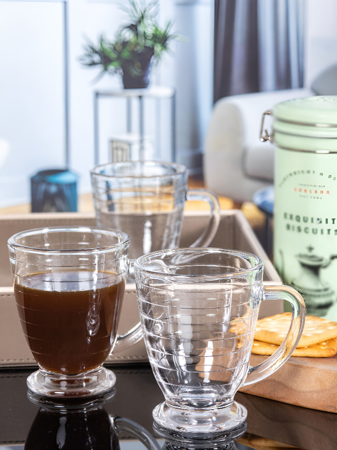 Aura Alley Transparent Striped Glass Microwave Safe 12 Piece Mugs-230ml