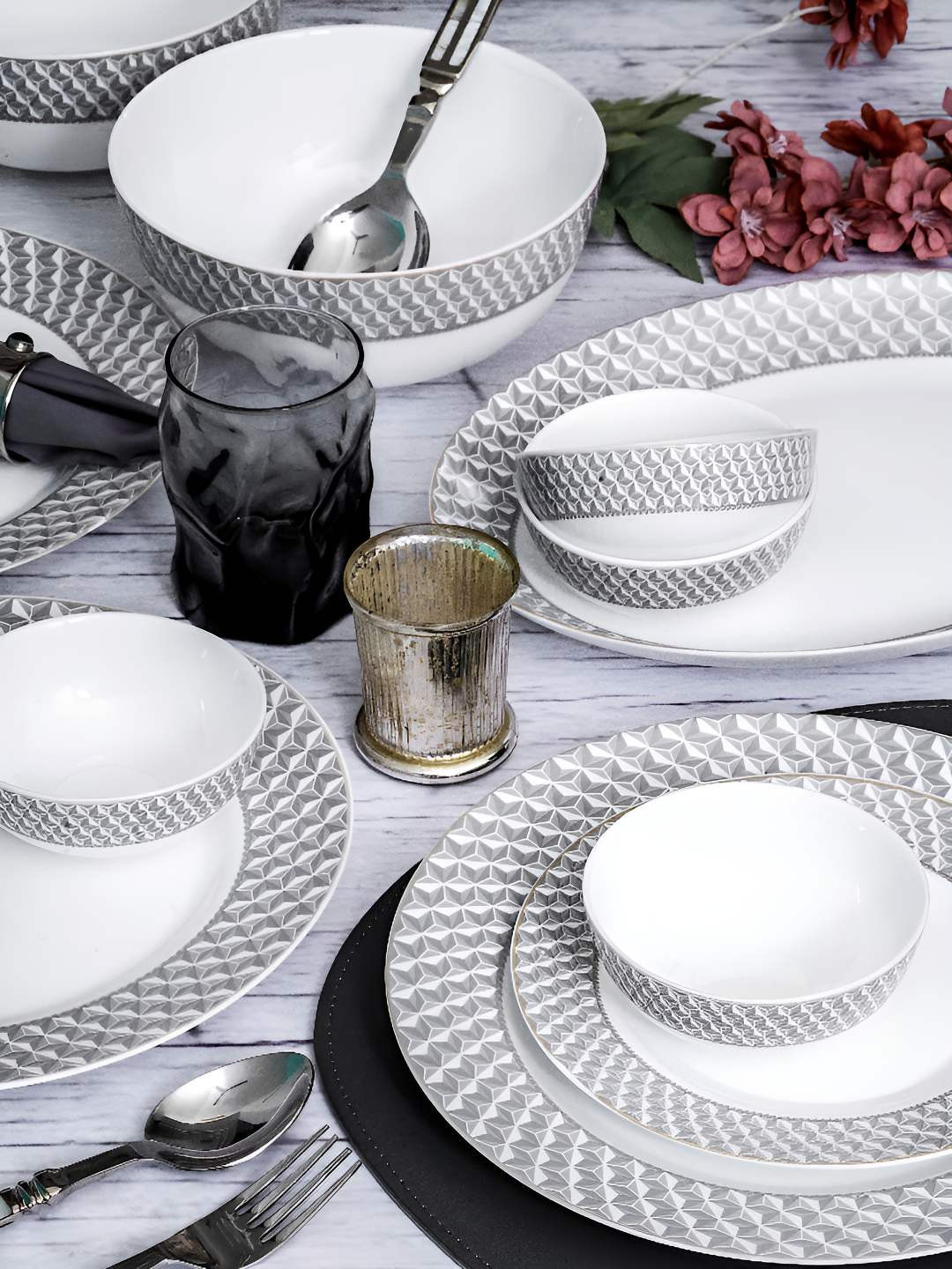 Cello Opal White Geometric Opalware Microwave Safe 27 Piece Dinner Set