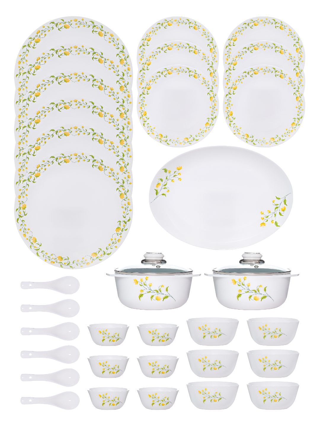 Cello White & Green 35 Pieces Printed Opalware Dinner Set