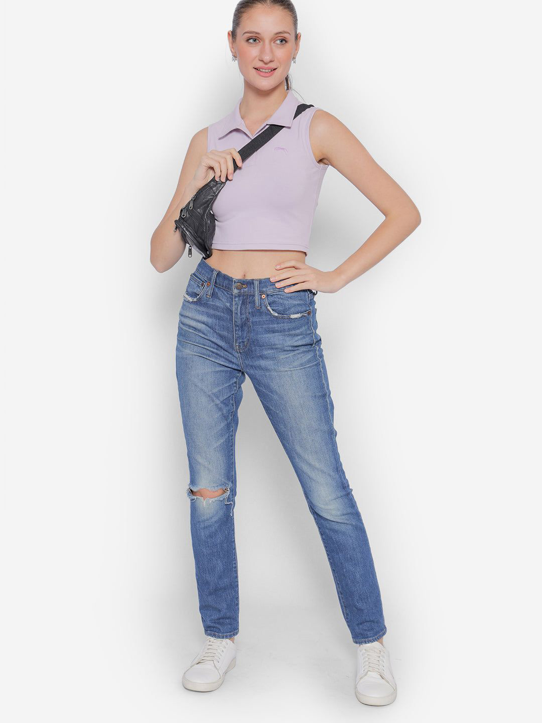 JUMP USA Shirt Collar Sleeveless Cotton Crop Top