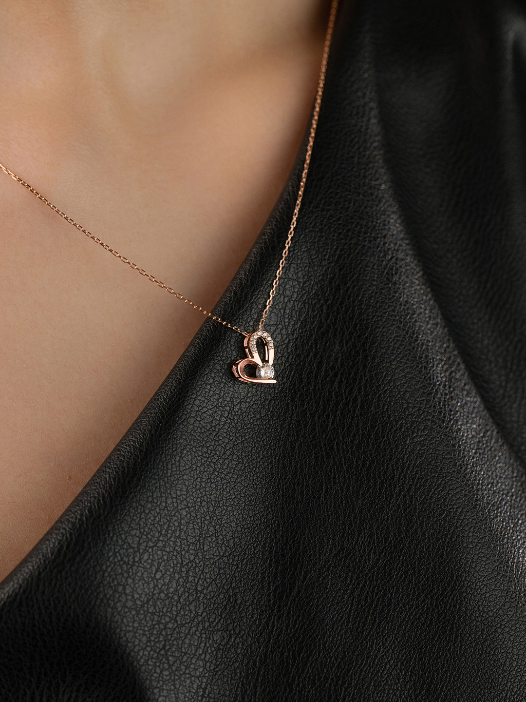 Nistra Rose Gold-Plated Sterling Silver Heart Shaped Cubic Zirconia Pendant With Chain