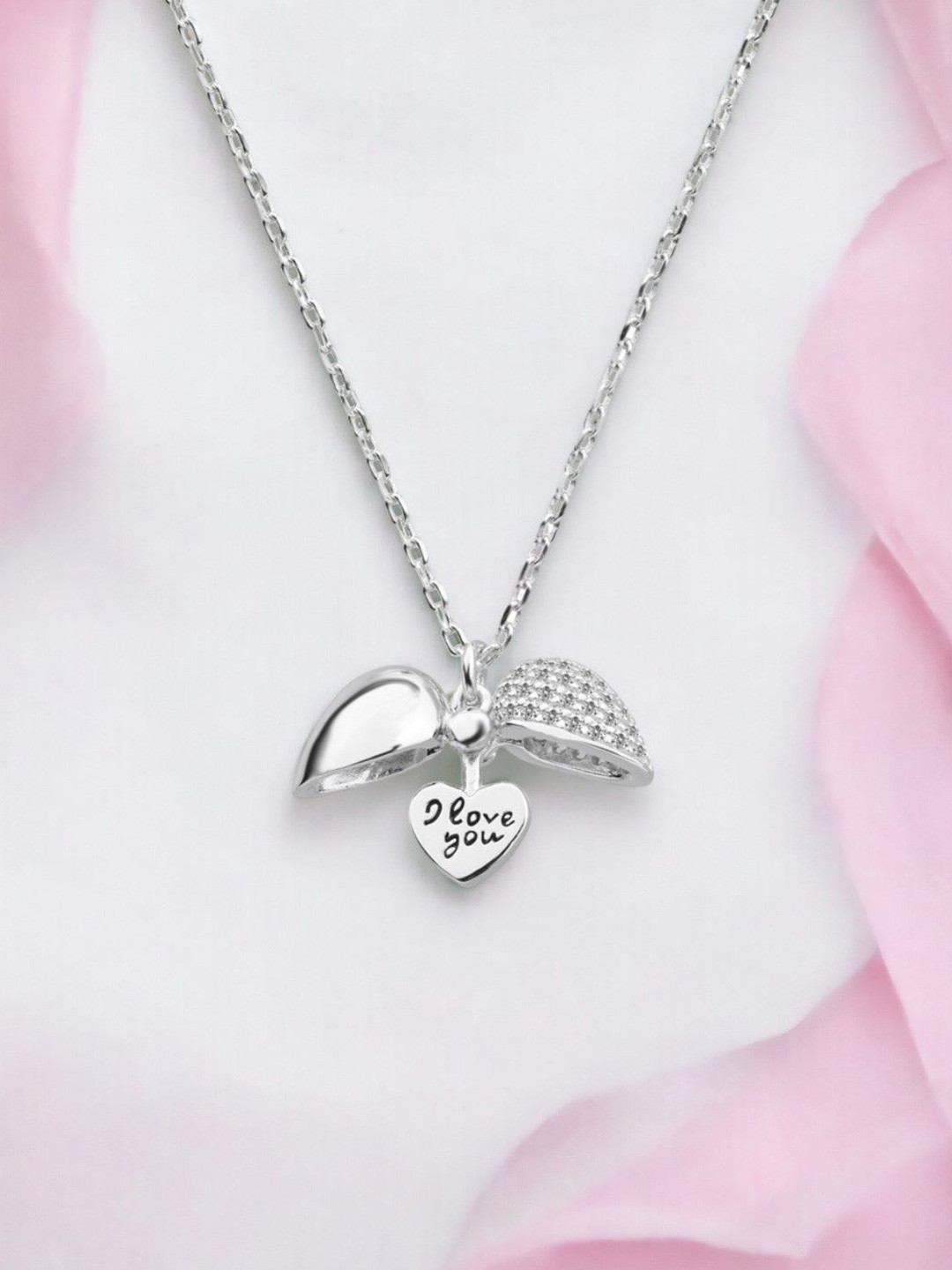 Nistra Sterling Silver Rhodium-Plated Cubic Zirconia Studded Hidden Heart Pendant & Chain