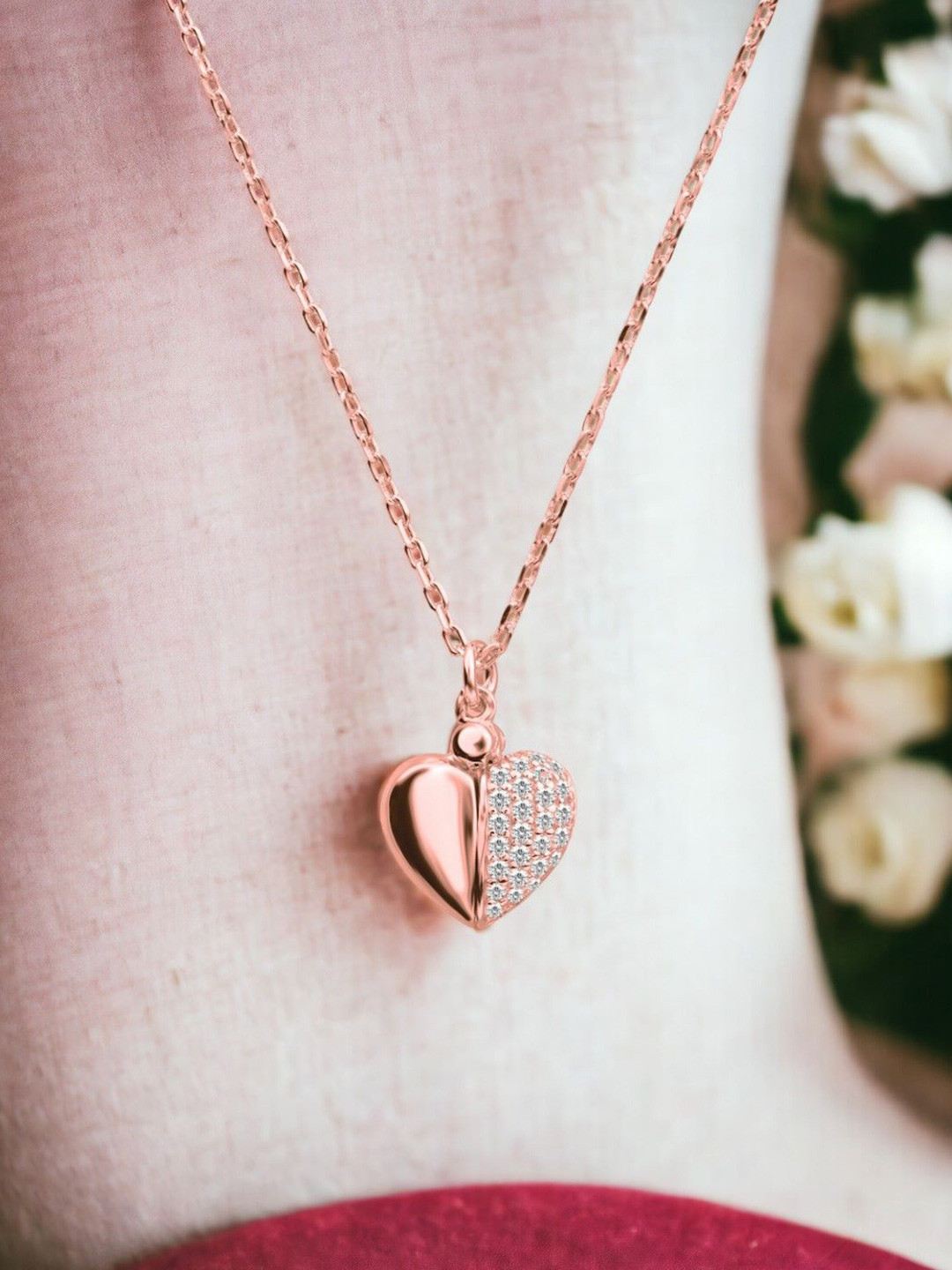 Nistra Sterling Silver Rose Gold-Plated CubicZirconia Studded Hidden Heart Pendant & Chain