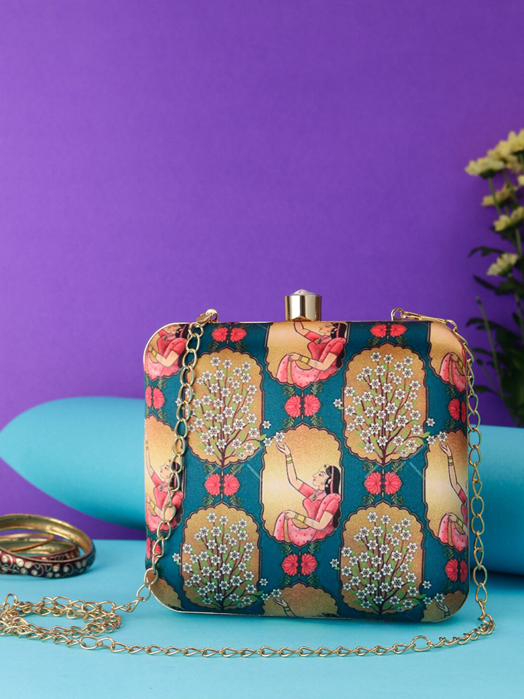 Anouk Teal Blue Printed Box Clutch