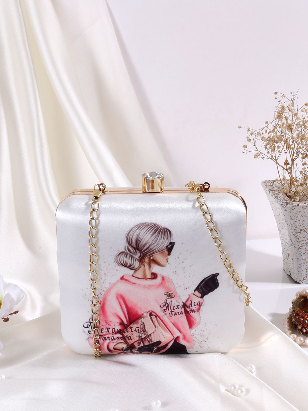 Anouk White Graphic Printed Box Clutch