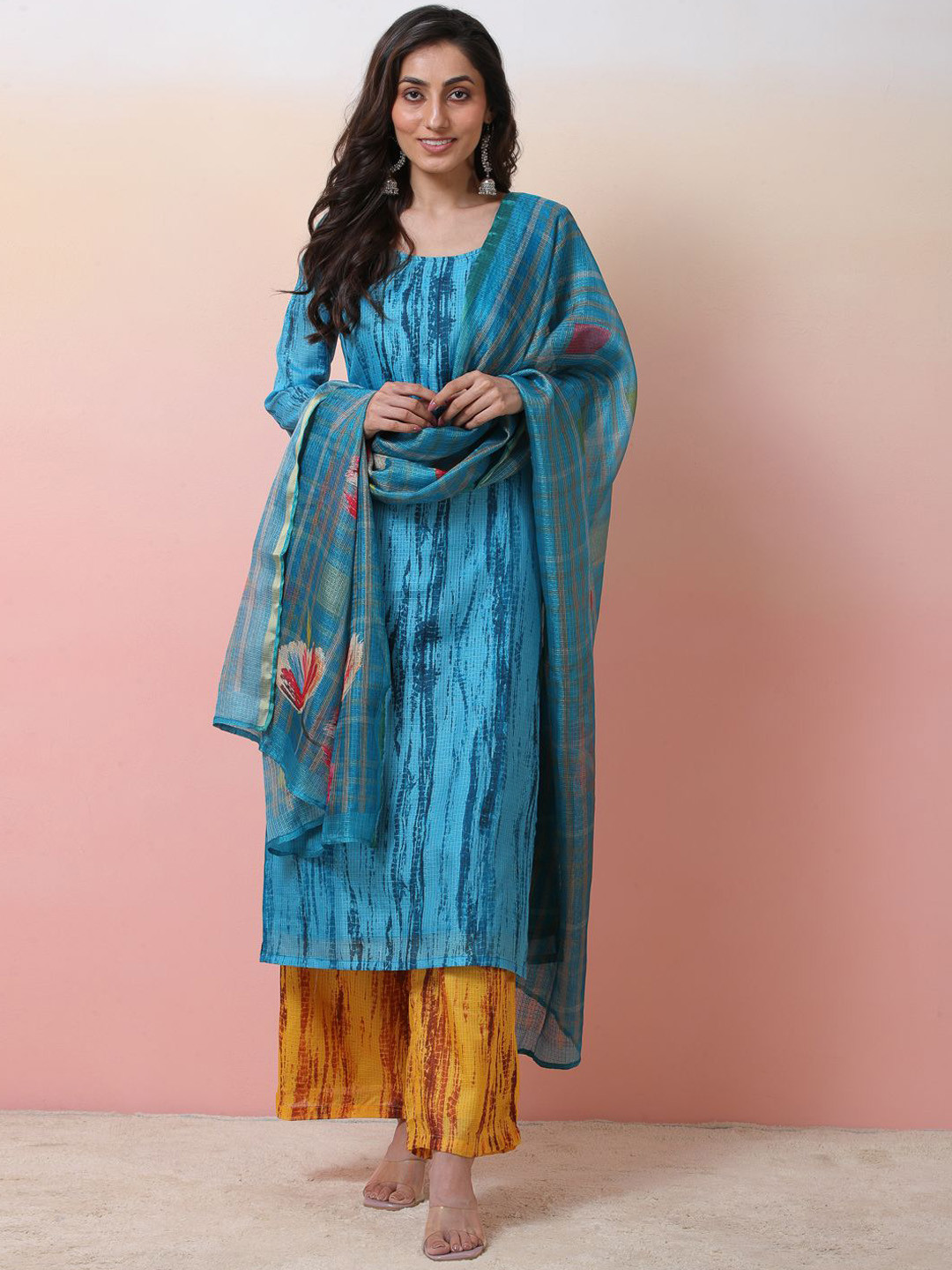 Sangria Blue Shibori Printed Scoop Neck Kurta With Palazzos & Dupatta