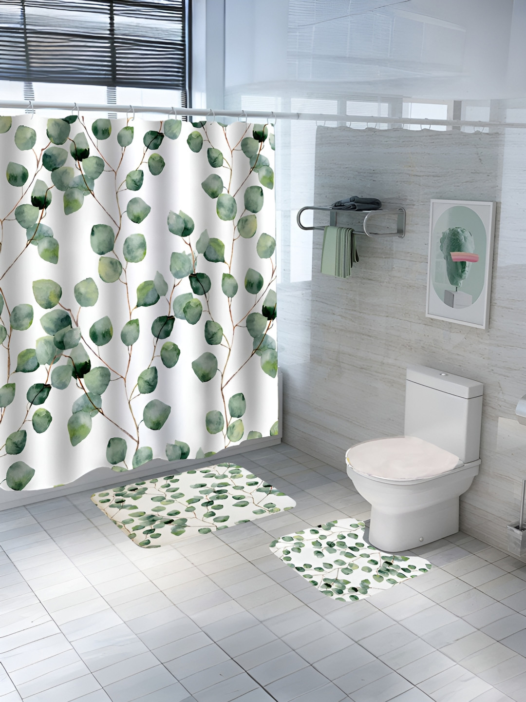 UMAI White& Green 3 Pieces Floral Printed Shower Curtain & Mats