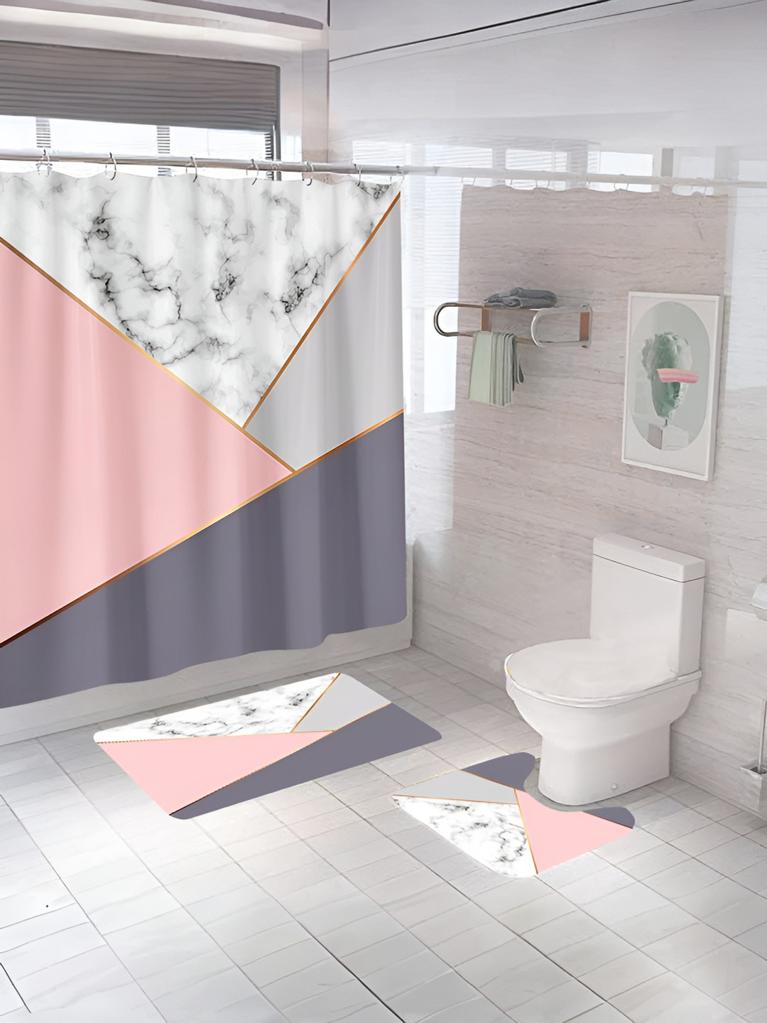 UMAI White & Pink 3 Pieces Geometric Printed Shower Curtain & Mats