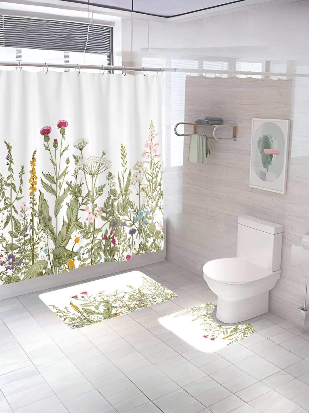 UMAI White & Green 3 Pieces Floral Printed Shower Curtain & Mats