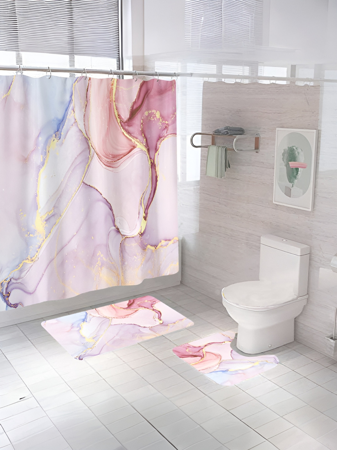 UMAI Pink & Blue 3 Pieces Abstract Printed Shower Curtain & Mats
