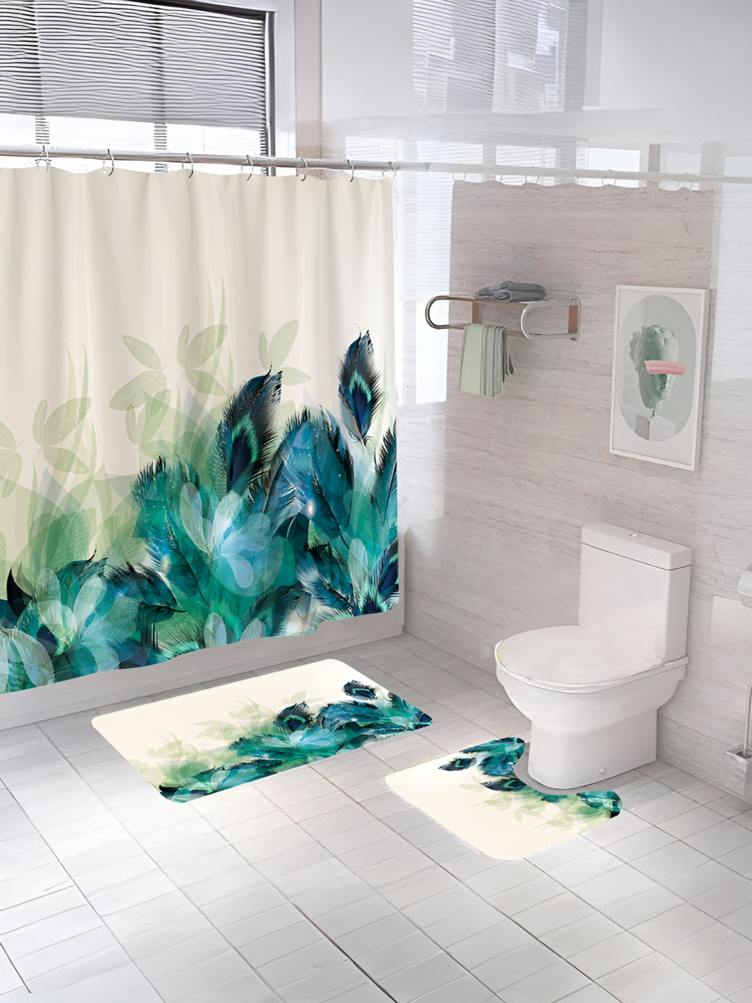 UMAI Green & Beige 3 Pieces Floral Printed Shower Curtain & Mats
