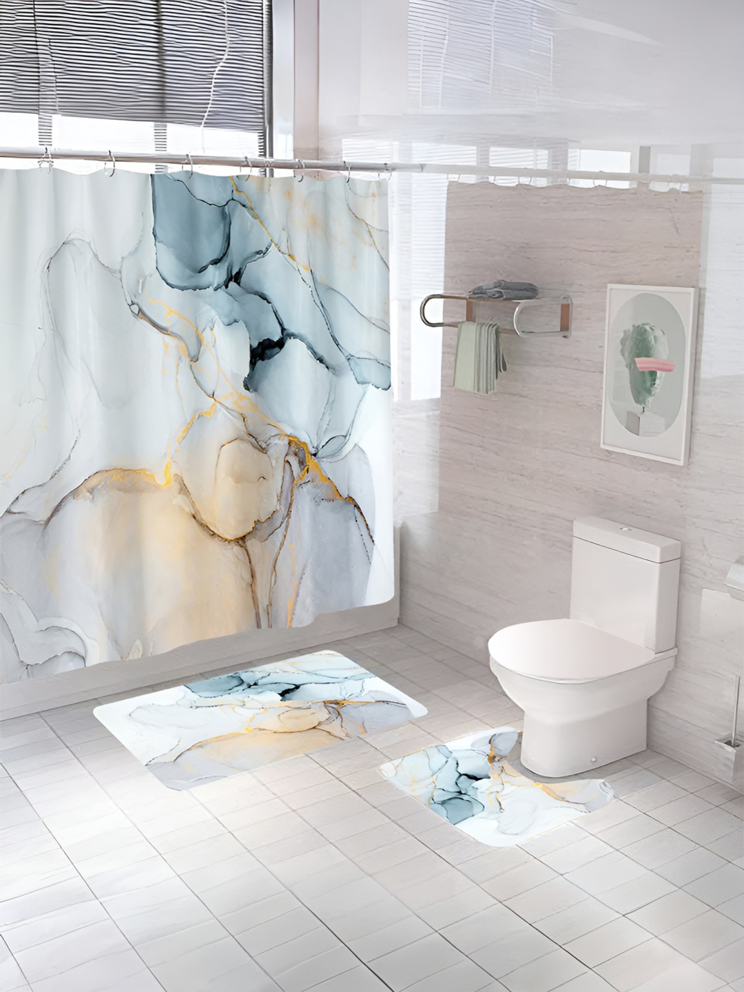 UMAI Blue & Brown 3 Pieces Abstract Printed Shower Curtain & Mats