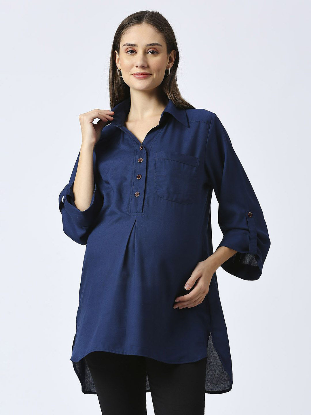 Mom For Sure by Ketki Dalal Spread Collar Shirt Style Longline Maternity Top