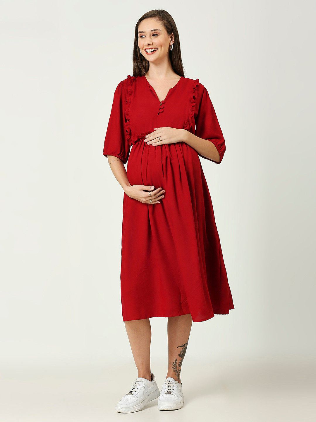 Mom For Sure by Ketki Dalal Ruffles Maternity Fit & Flare Midi Dress