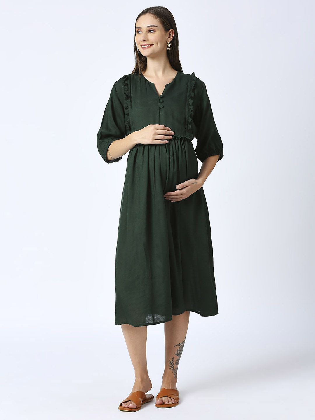 Mom For Sure by Ketki Dalal Puff Sleeves Maternity Fit & Flare Midi Dress