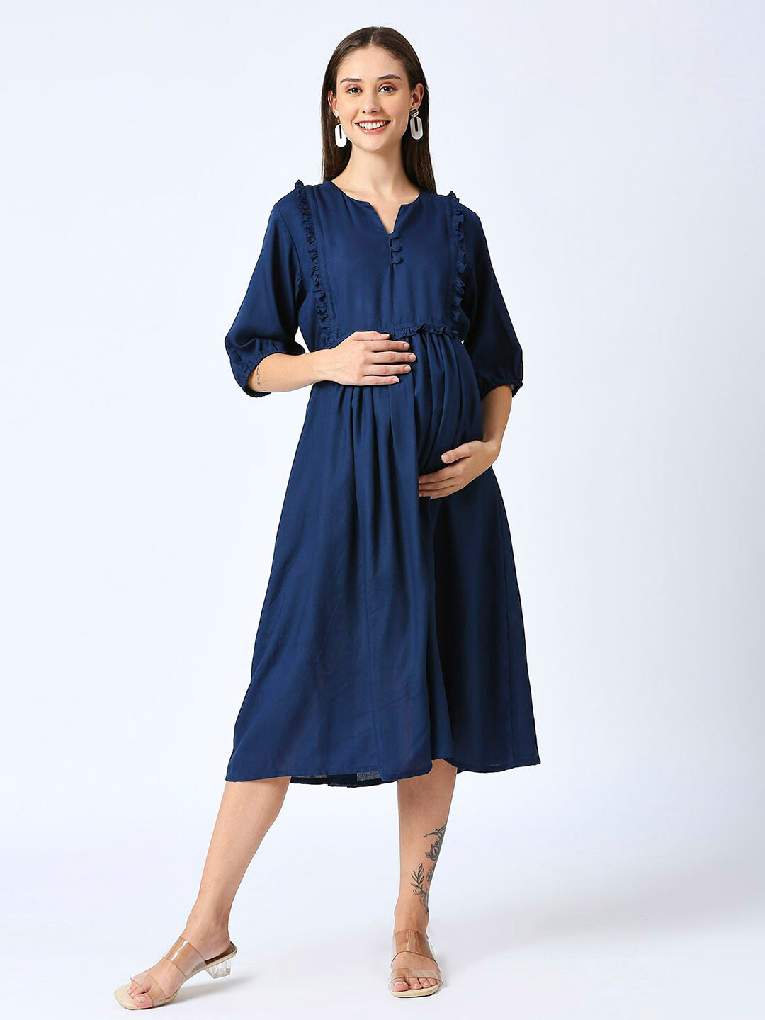 Mom For Sure by Ketki Dalal Ruffles Maternity Fit & Flare Midi Dress