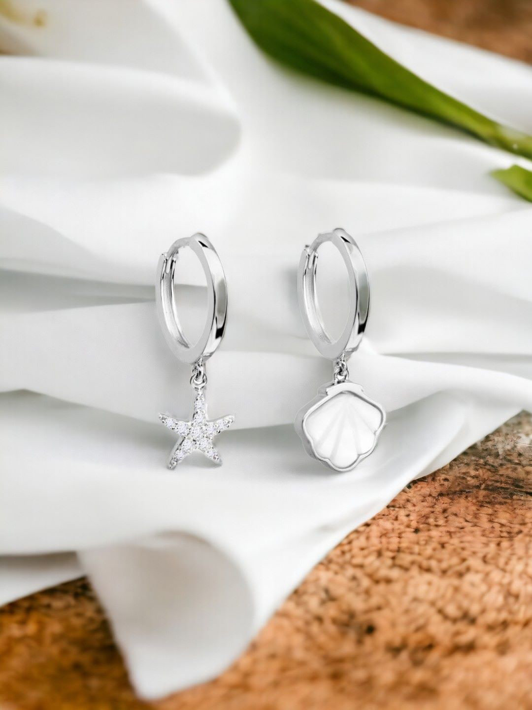 Nistra Rhodium-Plated Sterling Silver Star & Oceanic Shell Shaped Hoop Earrings