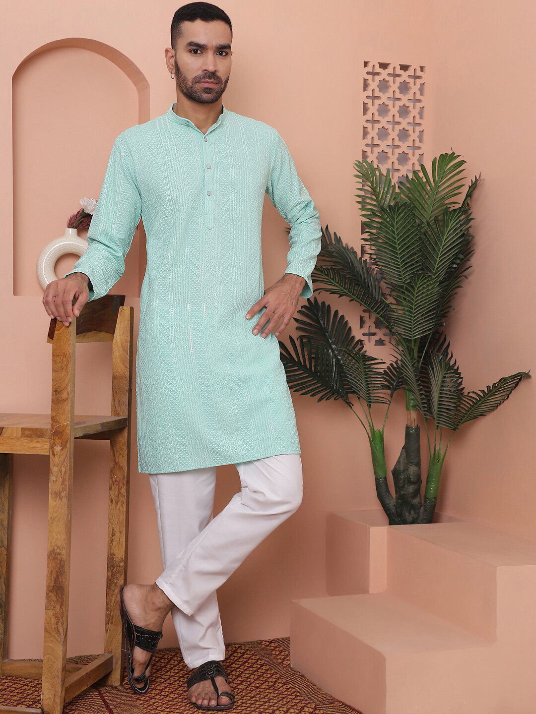 Anouk Sky Blue Ethnic Motifs Embroidered Band Collar Straight Kurta with Pyjamas