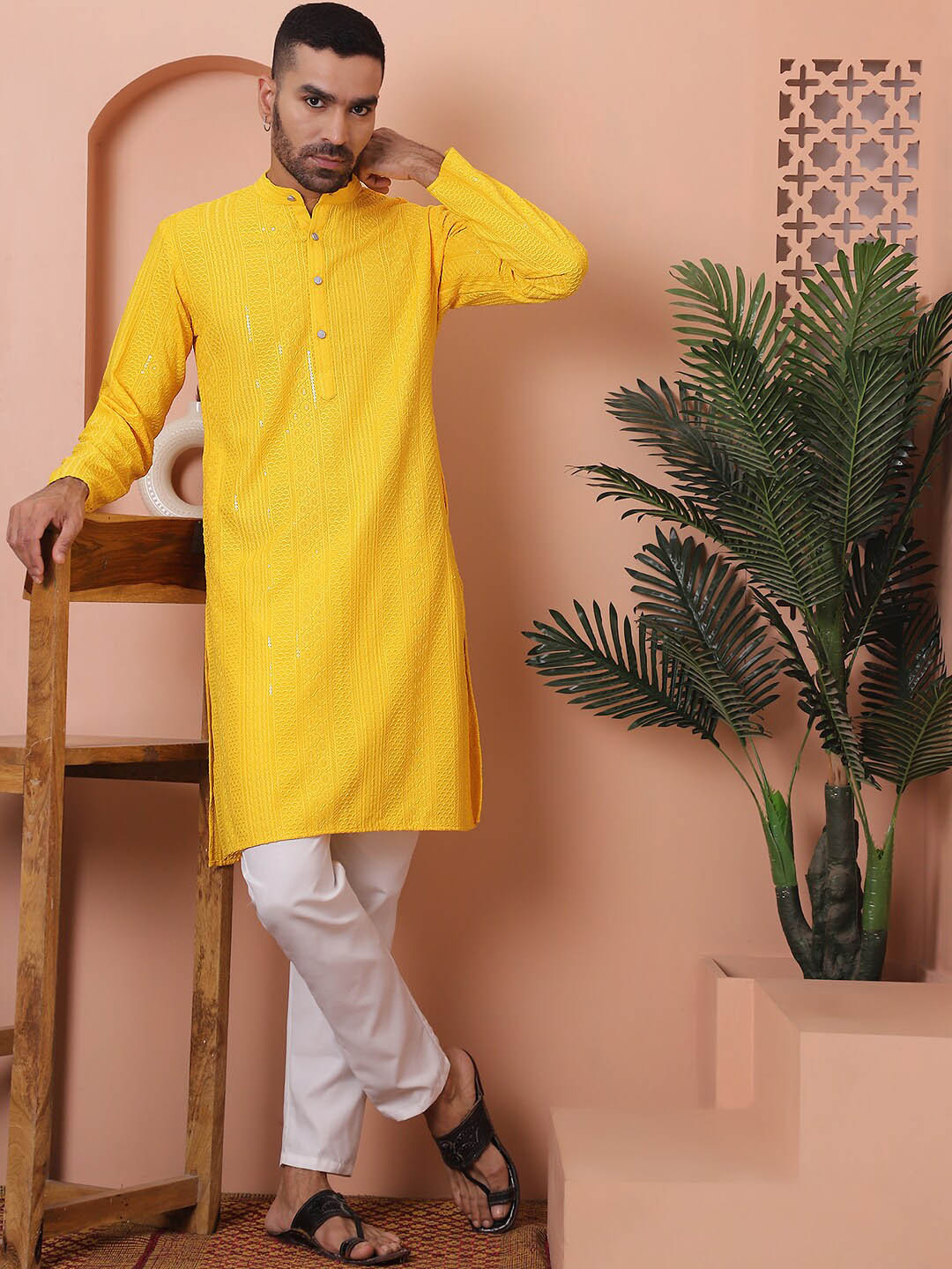 Anouk Yellow Band Collar Embroidered Sequinned Long Sleeves Kurta with Pyjamas