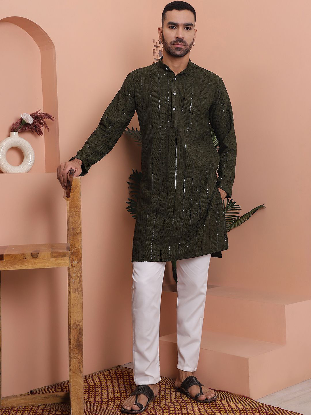 Anouk Mehndi Ethnic Motifs Embroidered Sequinned Band Collar Straight Kurta with Pyjamas