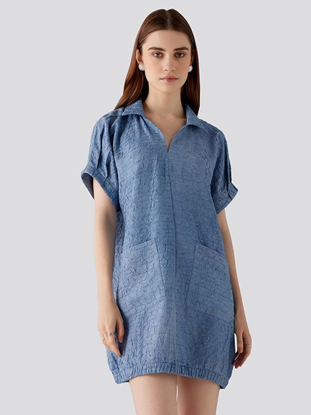 Muvazo Self Design Shirt Collar Jacquard A-Line Mini Dress