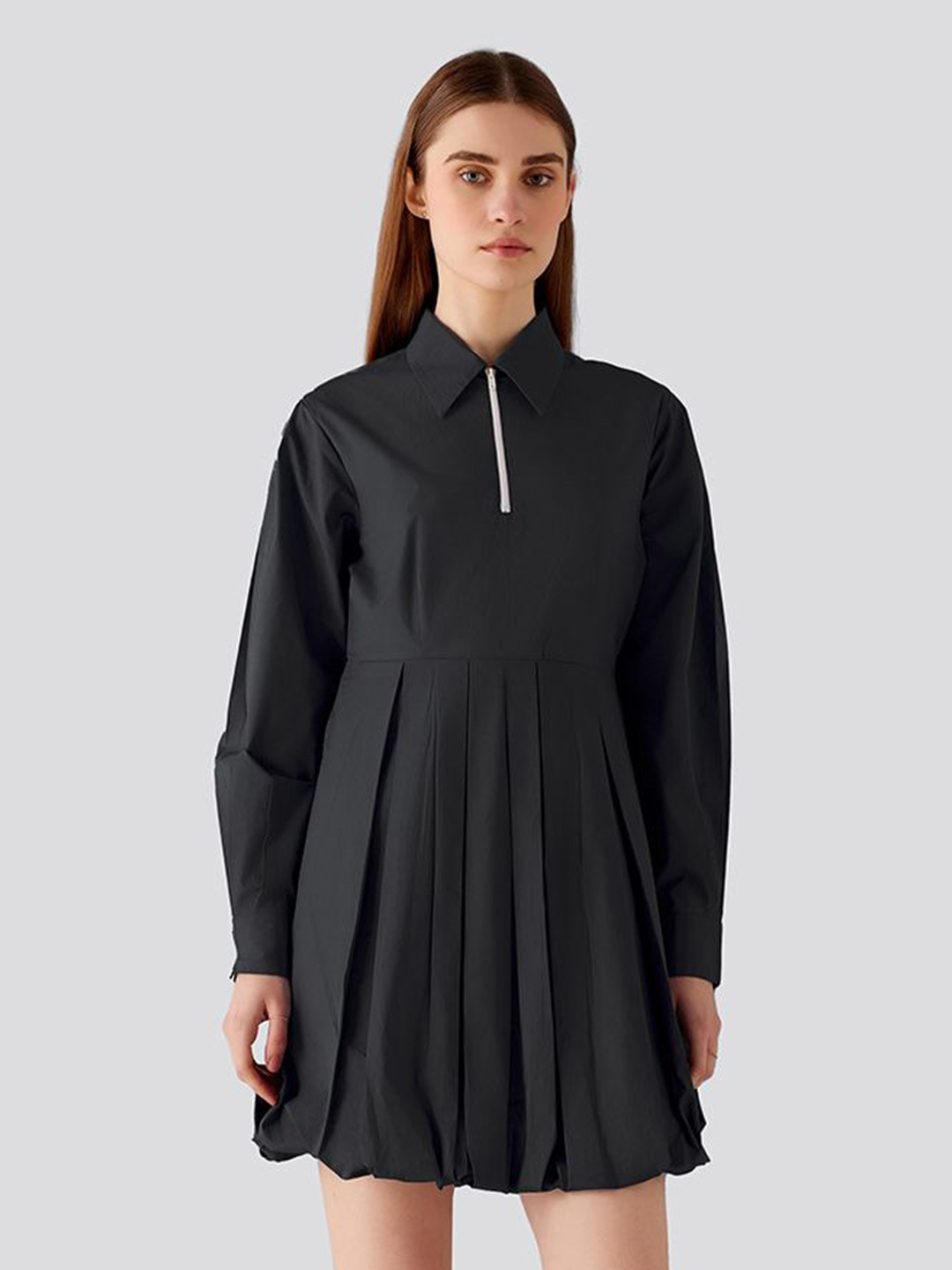 Muvazo Women Shirt Collar Plated Cotton Fit & Flare Dress