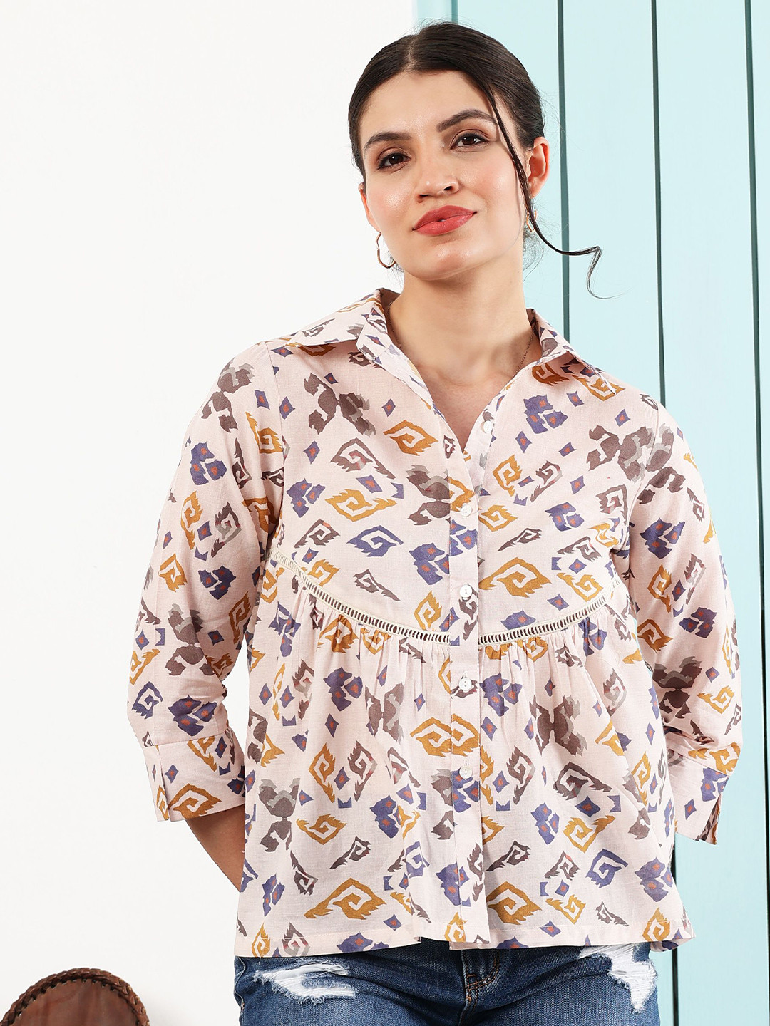 Boho By Athena Women Abstract Printed Shirt Collar Lace Inserts Cotton Shirt Style Top