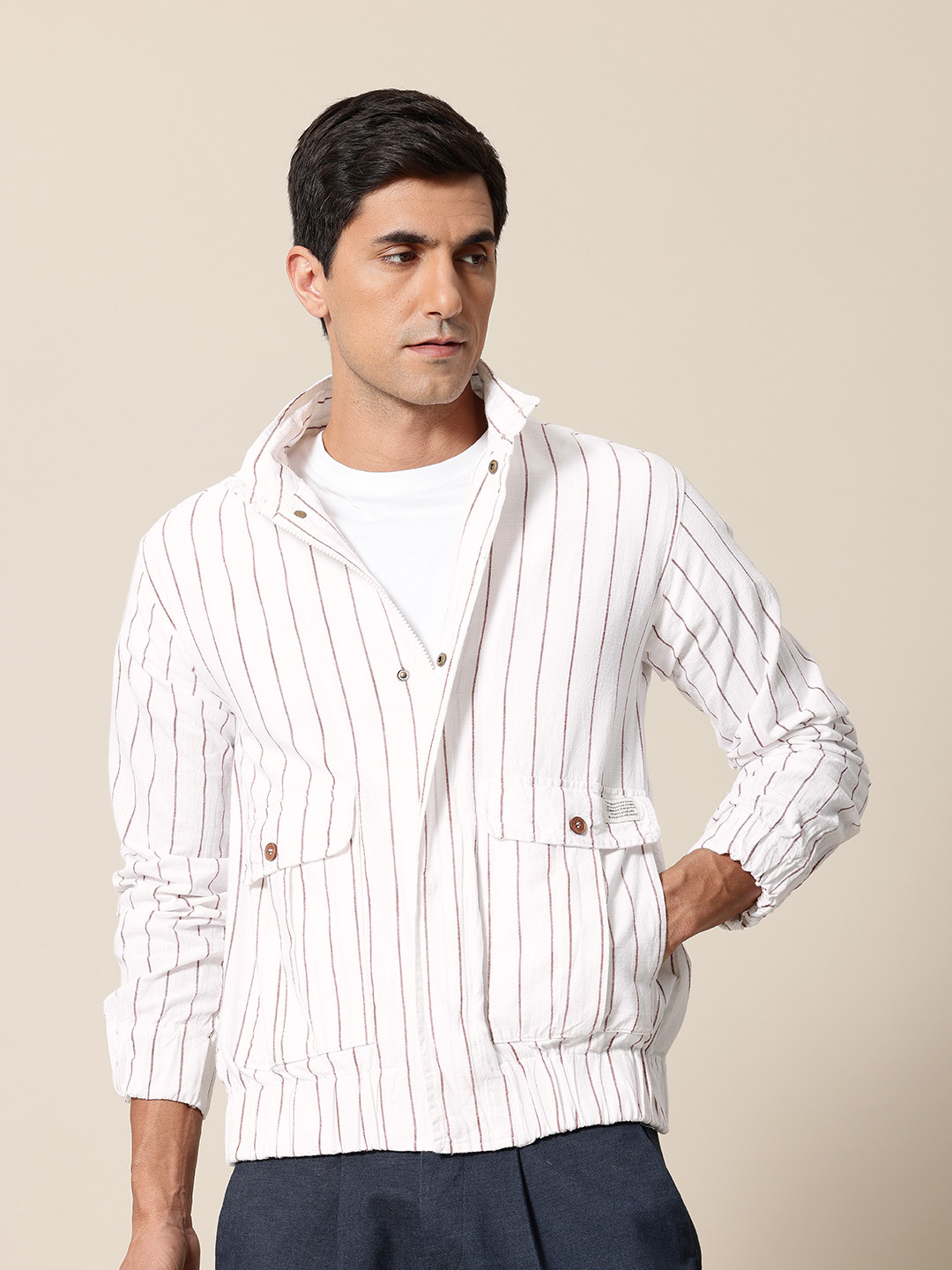 Mr Bowerbird Stand Collar Striped Bomber Jacket