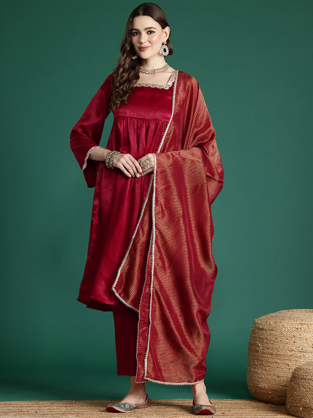 Sangria Velvet Finish Empire Kurta Set With Dupatta