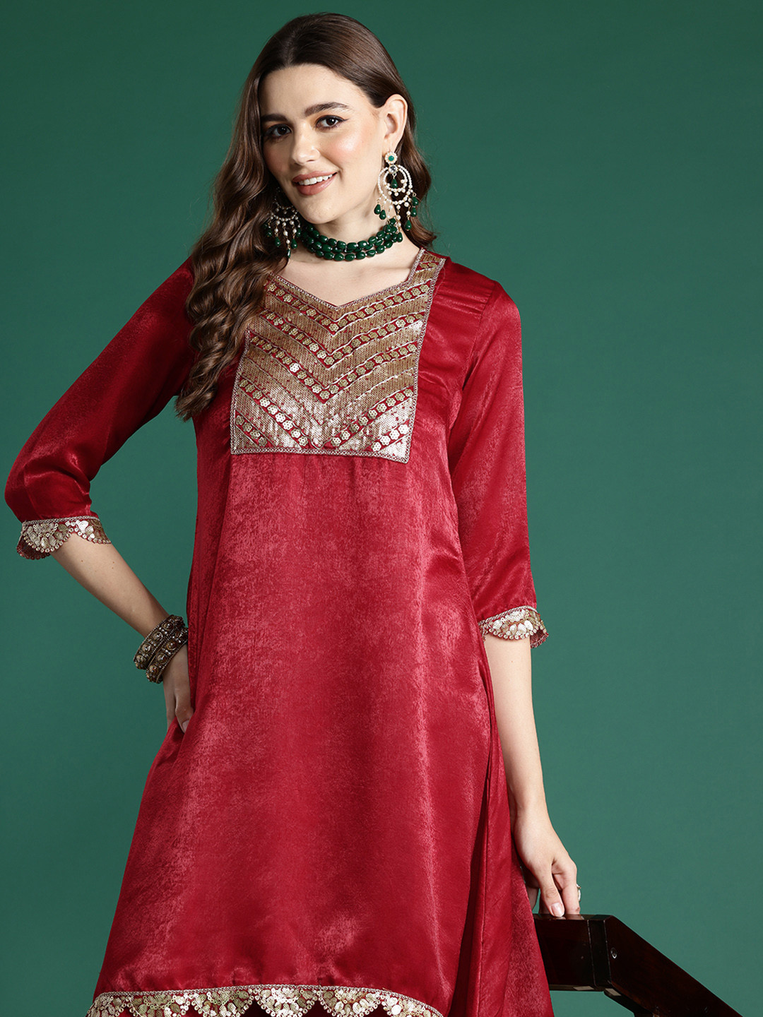 Sangria Velvet Finish Embellished Kurta Set