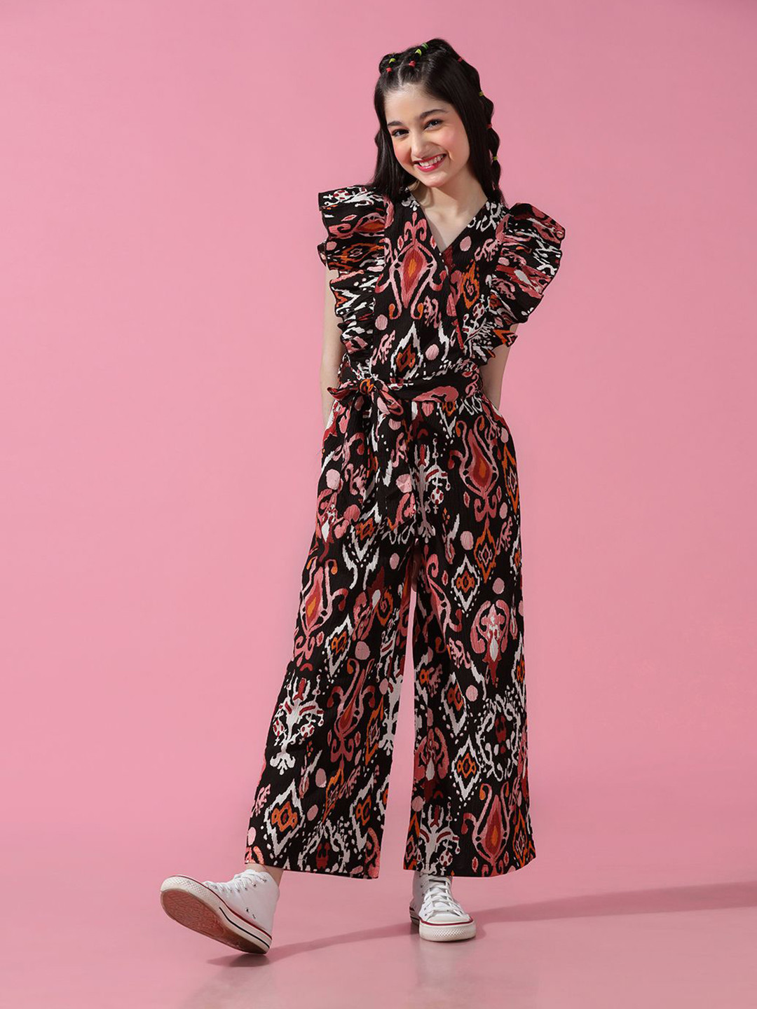 Cherry & Jerry Girls Printed Ruffled Sleeve Tie-Up Waist Basic Jumpsuit