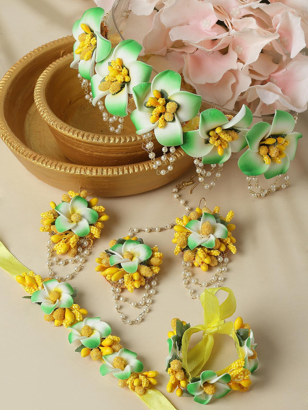 ZENEME Gold Plated Green & Yellow Floral Gota Patti Beaded Haldi & Mehendi Jewellery Set