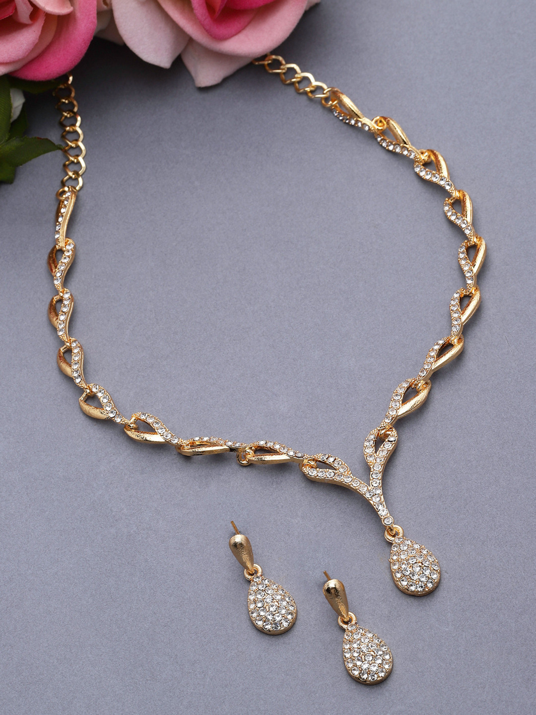 ZENEME Gold-Plated Cubic Zirconia Studded Teardrop Shaped Jewellery Set