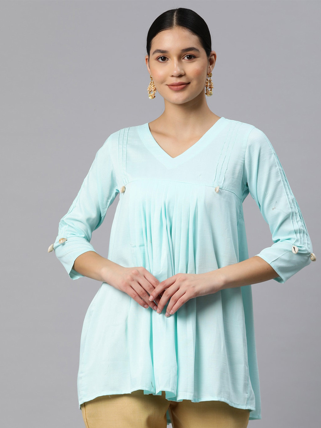KALINI Pleated V-Neck Cotton Tunic