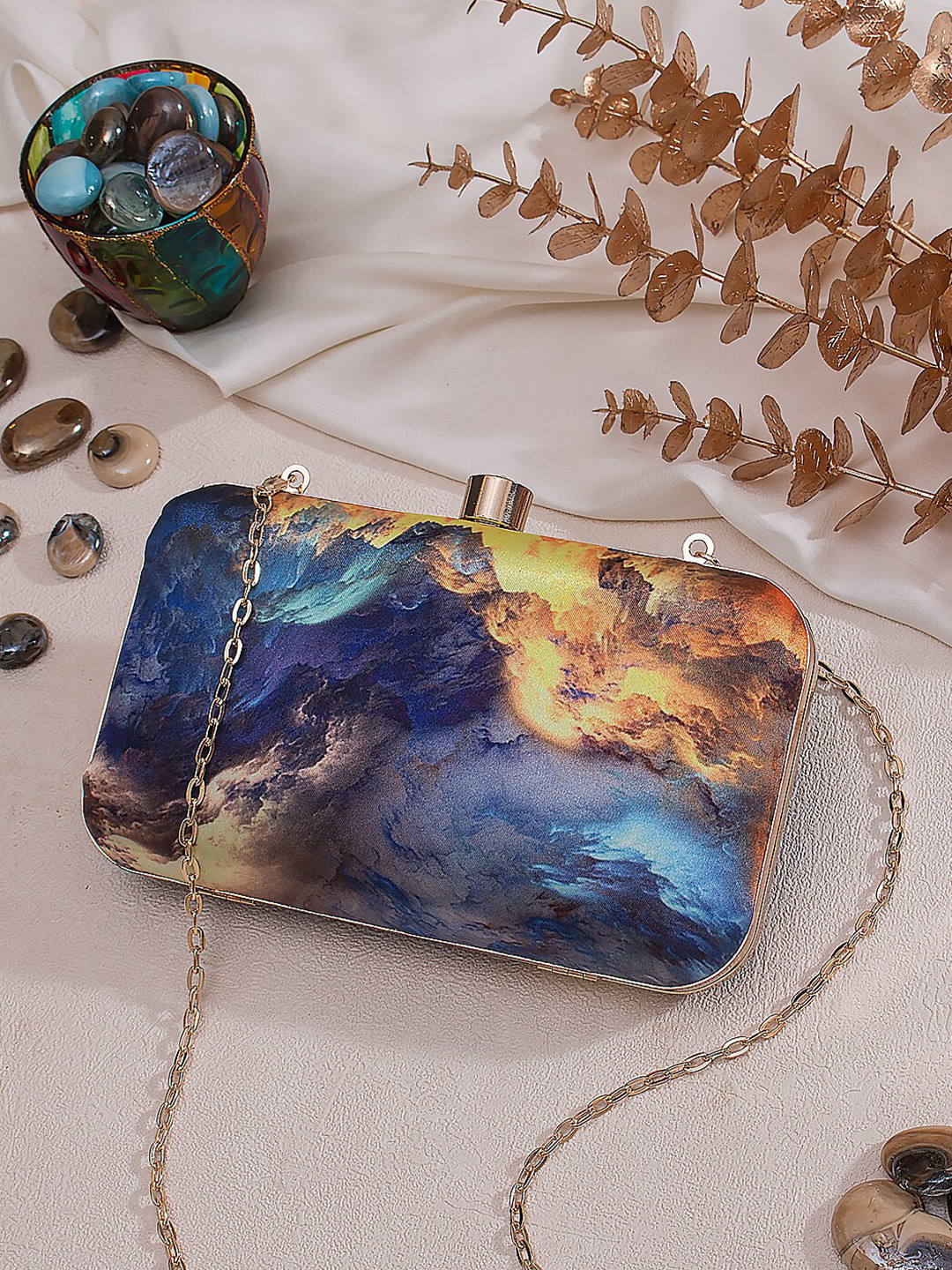 Sangria Blue Abstract Printed Box Clutch