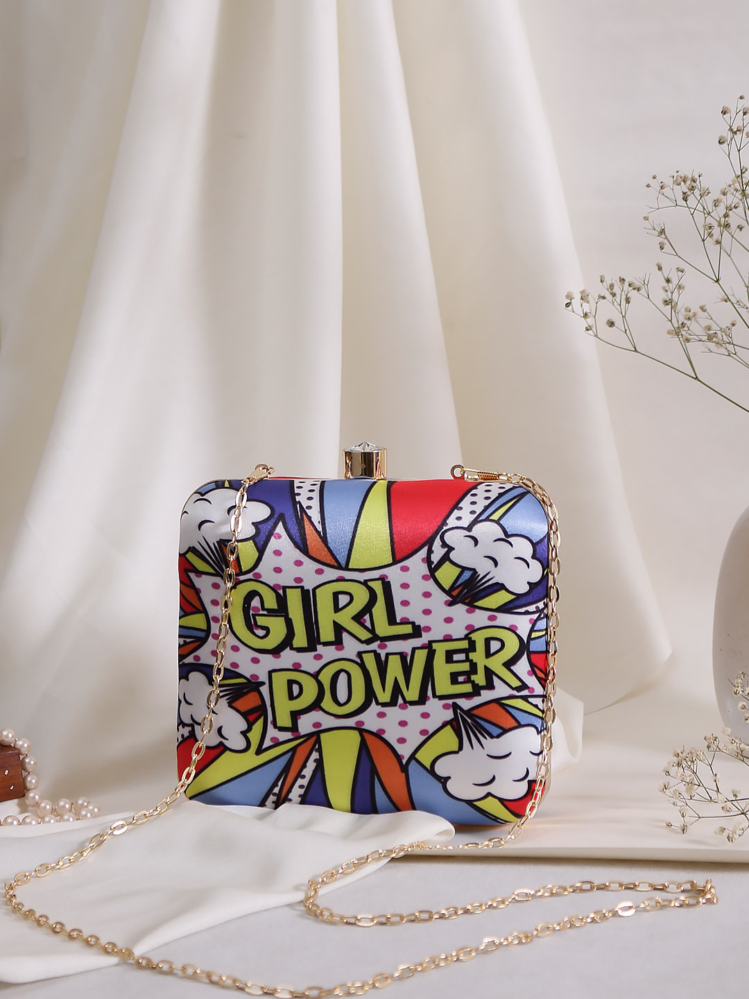 Sangria Blue Typography Printed Box Clutch