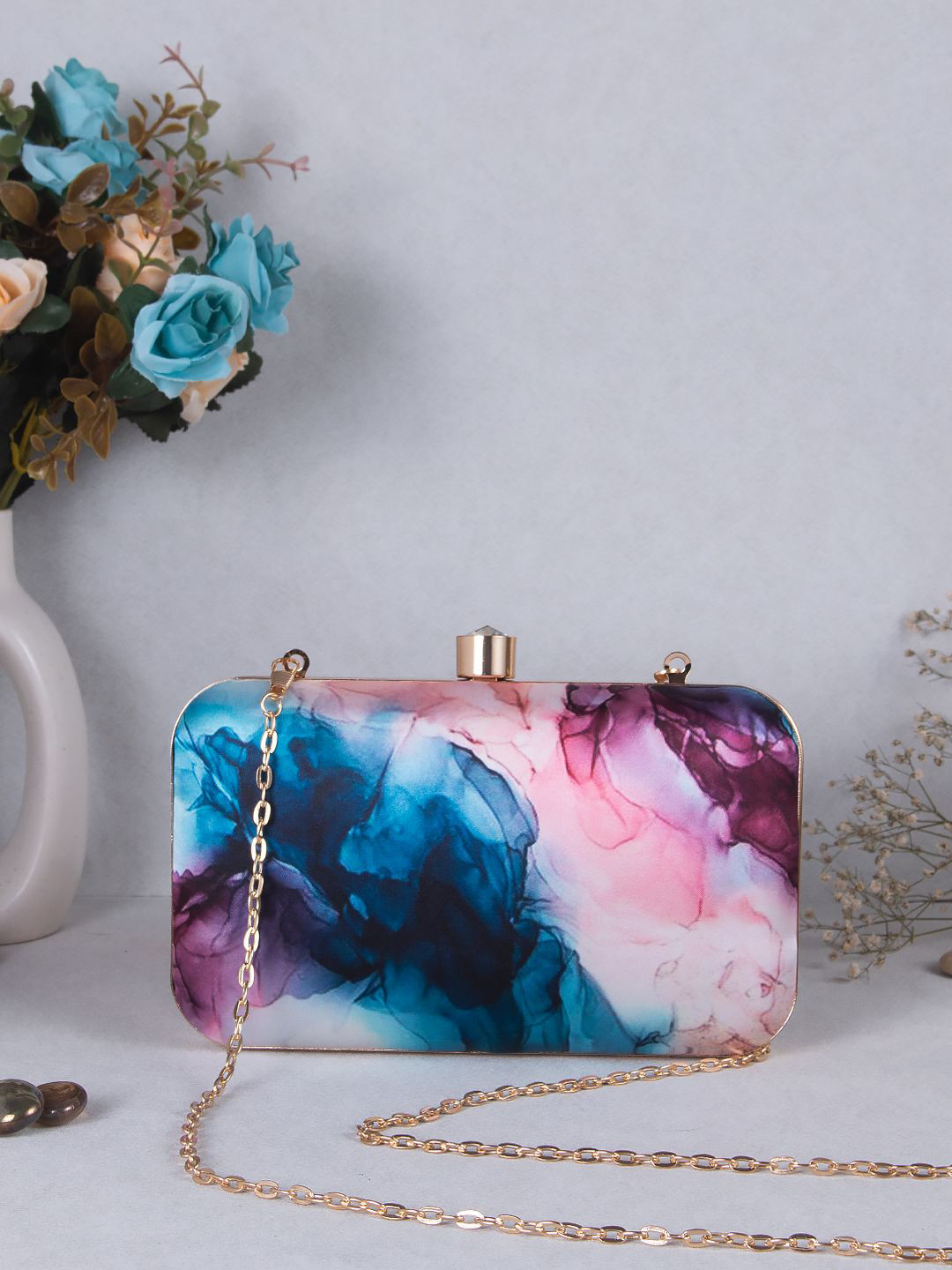 Sangria Pink & Blue Abstract Printed Box Clutch