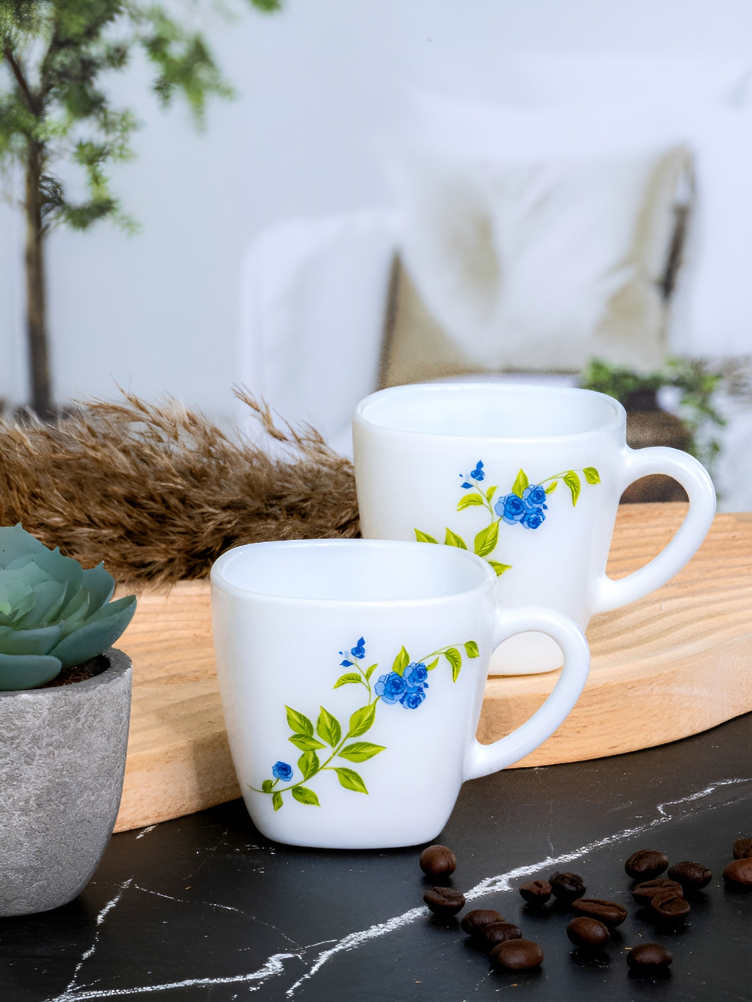 Cello Feathered Haven White Floral Opalware Handmade 6 Piece Mugs-100ml